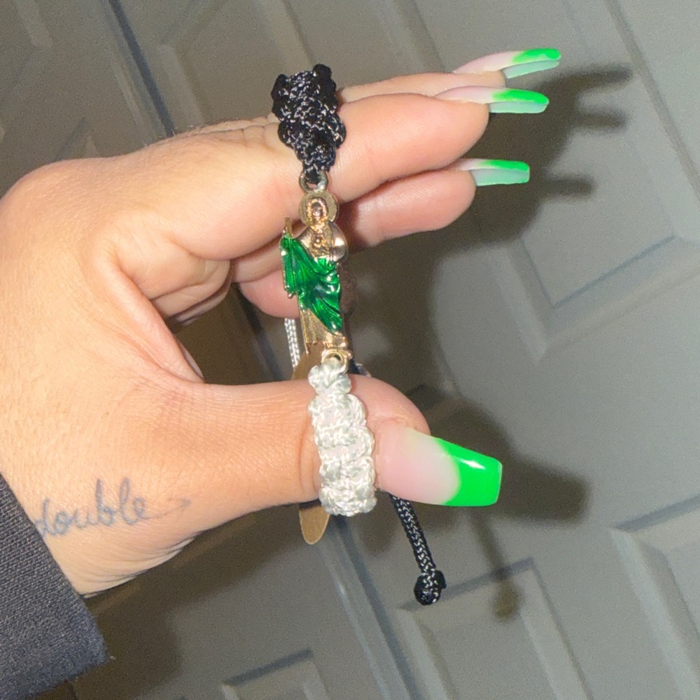 Handmade Black & White Braided Bracelet with Green Leaf Charm - Picture 2 of 2